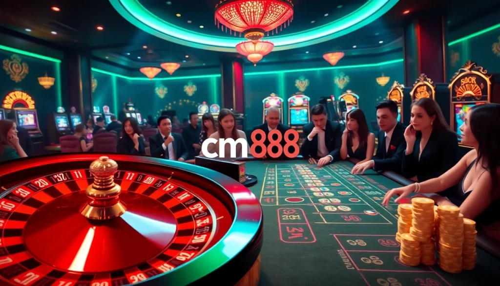 Experience cm88's thrilling luck at a vibrant casino with players at the roulette wheel and craps table.