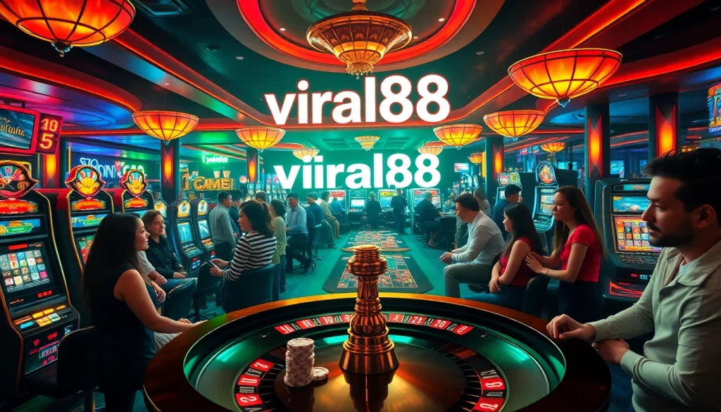 Viral88 gaming action with players at casino tables and slots in vivid, exciting setting.