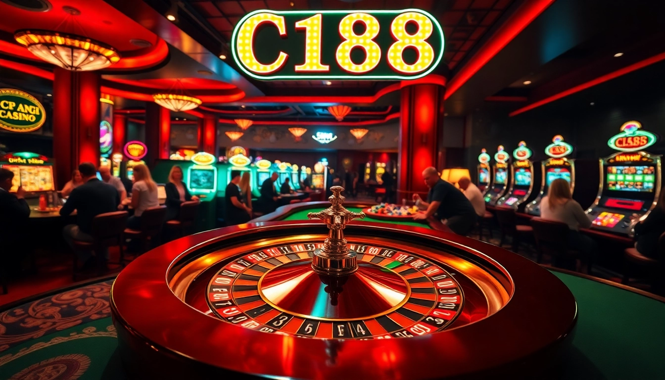 C168 casino scene showcasing eager players at a roulette table filled with chips and excitement.