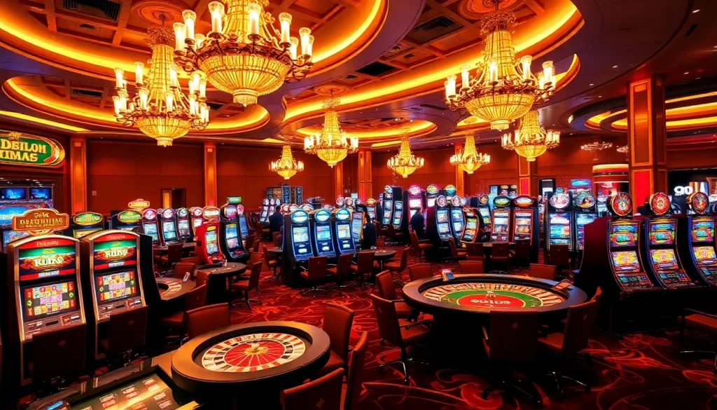 Exciting scene of a casino with players engaged in keonhacai betting, showcasing vibrant gaming tables and slot machines.