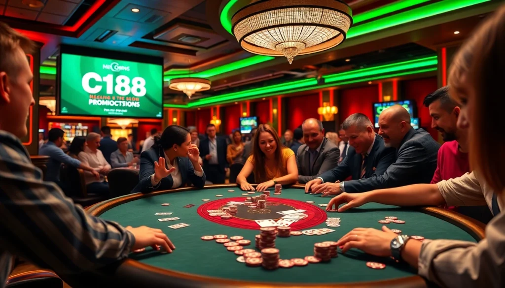 Thrilling poker action with players and C168 promotional display at a lively casino.