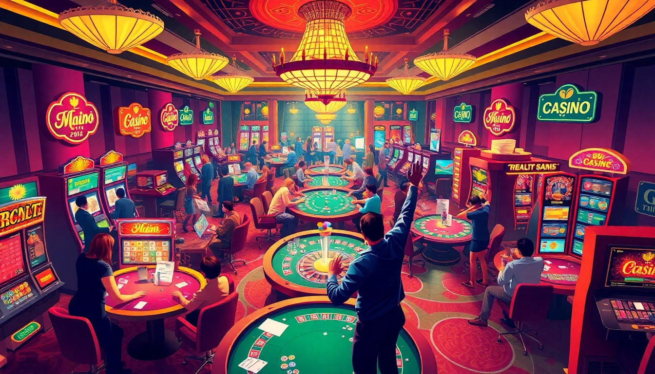 Experience the thrill of the casino with vibrant scenes of gaming featuring 88aa mobi app promotions, slot machines, and poker tables.