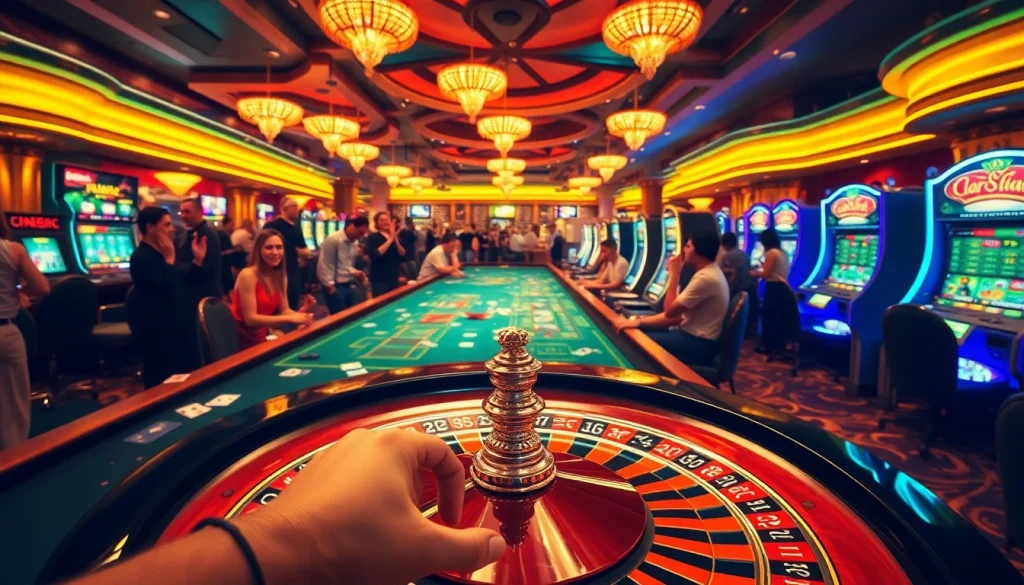 Experience the excitement of VMAX Game at a bustling casino with lively players, vibrant casino tables, and thrilling slot machines.