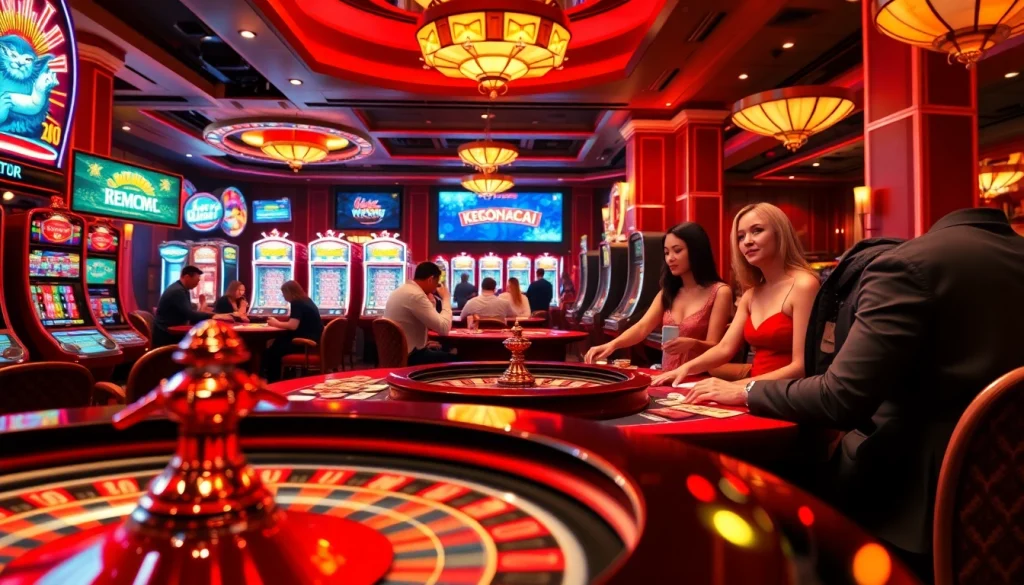 Experience an exhilarating night at the casino with keonhacai betting as players engage around poker tables and slot machines.