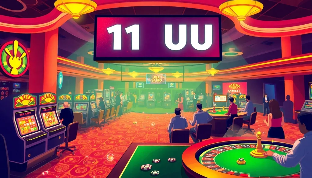 11UU casino atmosphere with vibrant slot machines and excited players.
