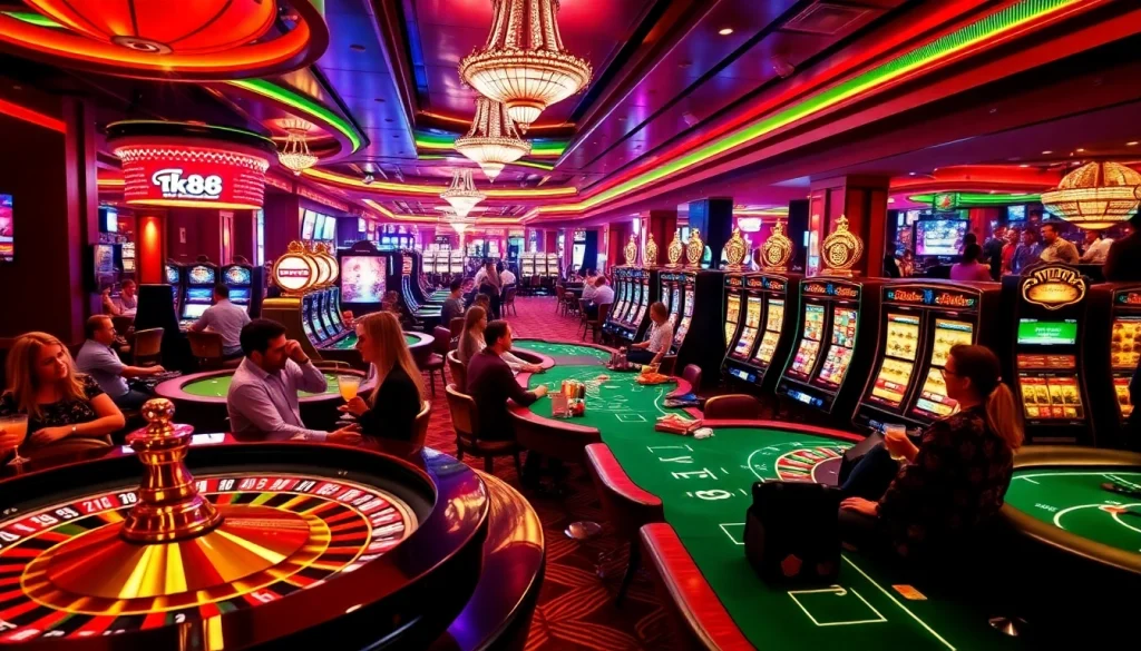 tk88 casino scene displaying players at roulette and blackjack tables, vibrant lights, and excitement.