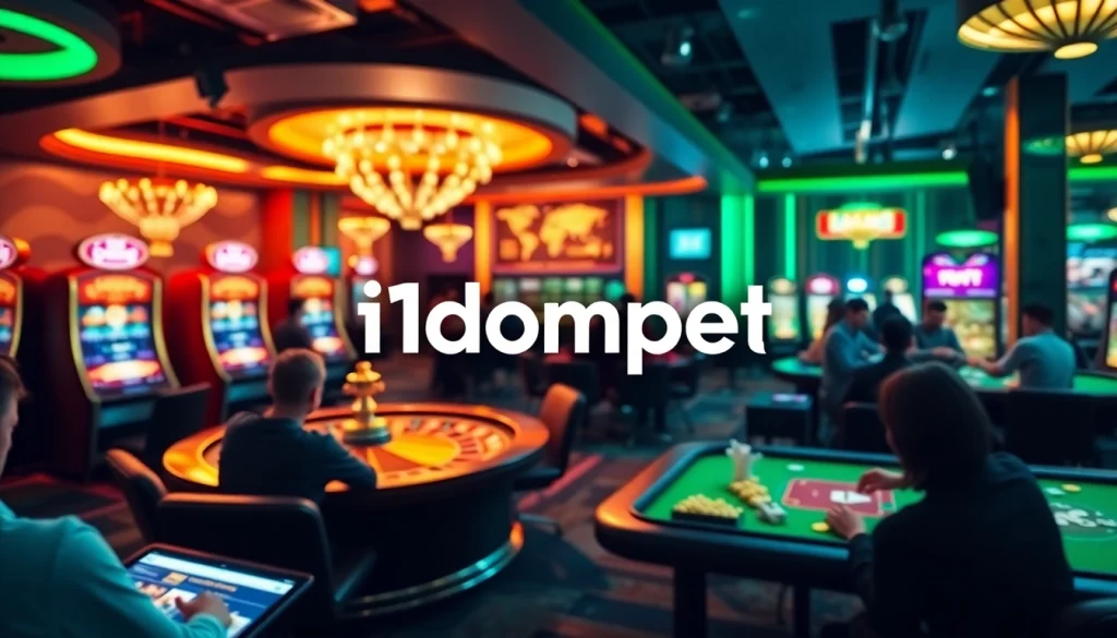 Players enjoying the thrilling experience of online gambling at i1dompet with vibrant slot machines and poker tables.