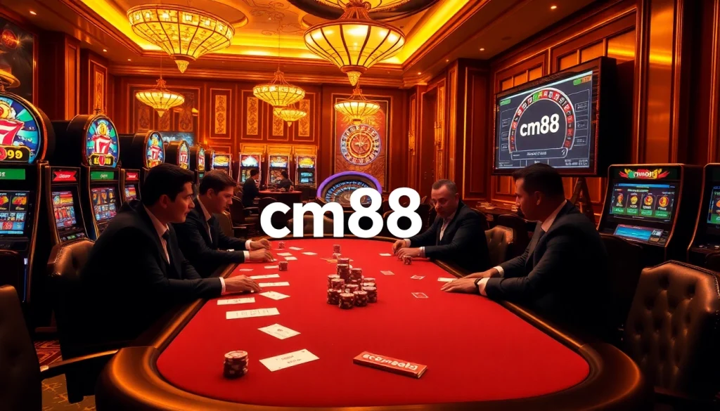 In a lively casino scene, players engage in high-stakes poker with cm88 betting slips on the table, capturing the thrill of gambling.