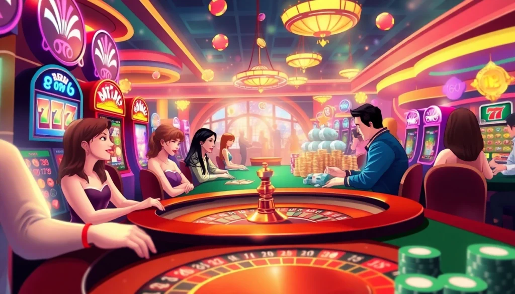Players enjoying a vibrant casino scene with roulette and slots at https://uu88.hu.net/ focusing on thrilling gaming activities.