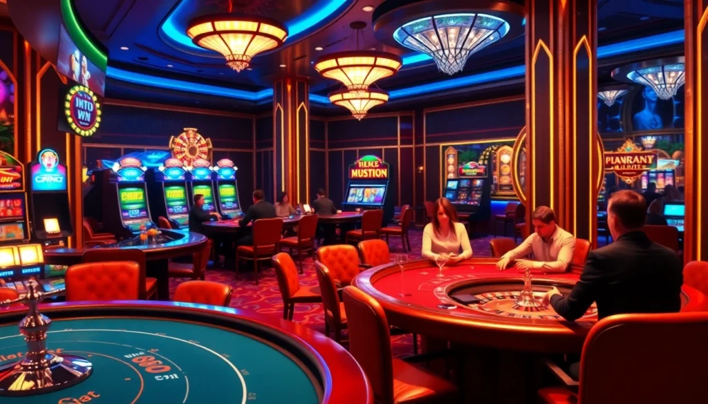 Xocdia88 casino scene showcasing players enjoying poker and blackjack amidst vibrant slot machines.
