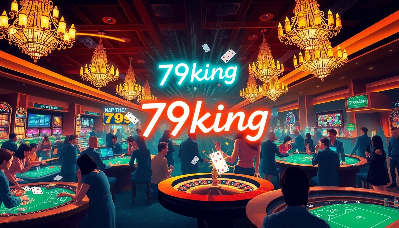 Exciting casino scene featuring players at 79king's gaming tables with vibrant lights and atmosphere.