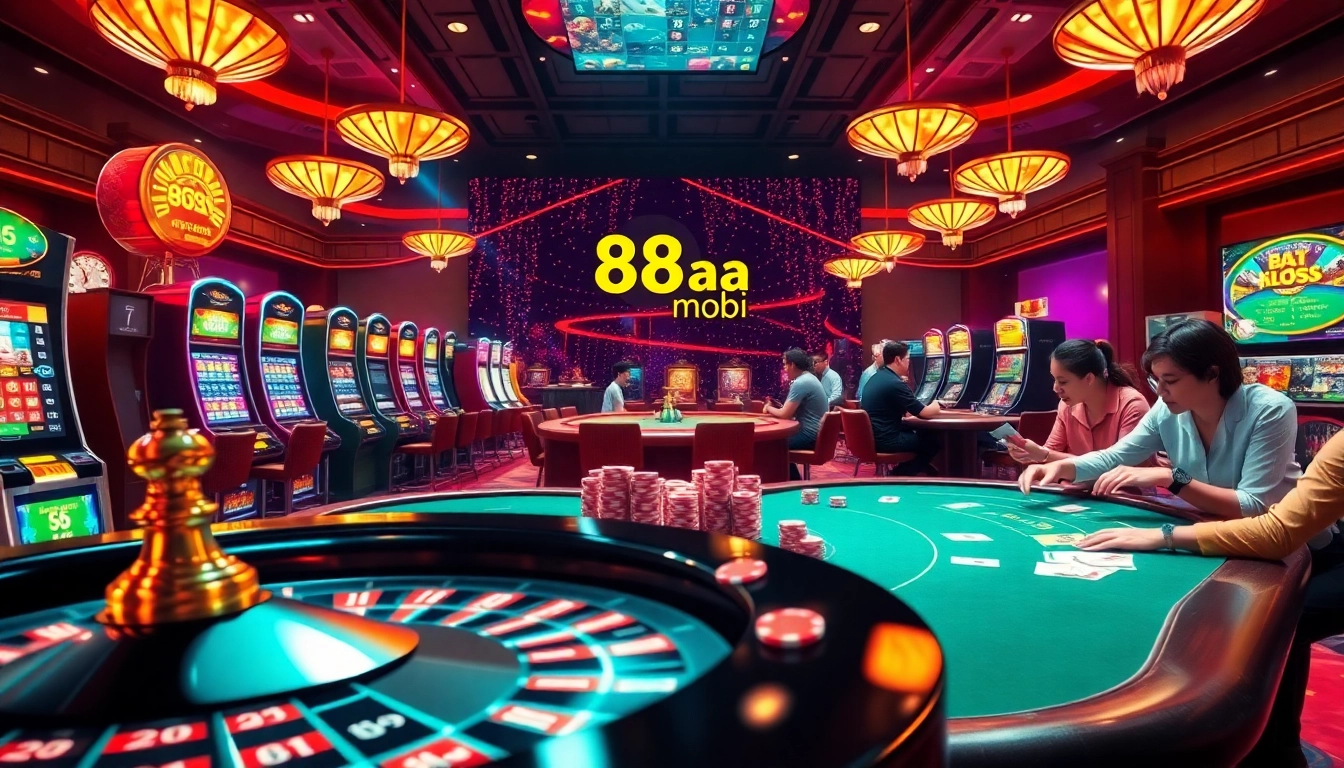 Experience the thrill of gambling with 88aa mobi at a lively casino setting featuring iconic slot machines and poker tables.