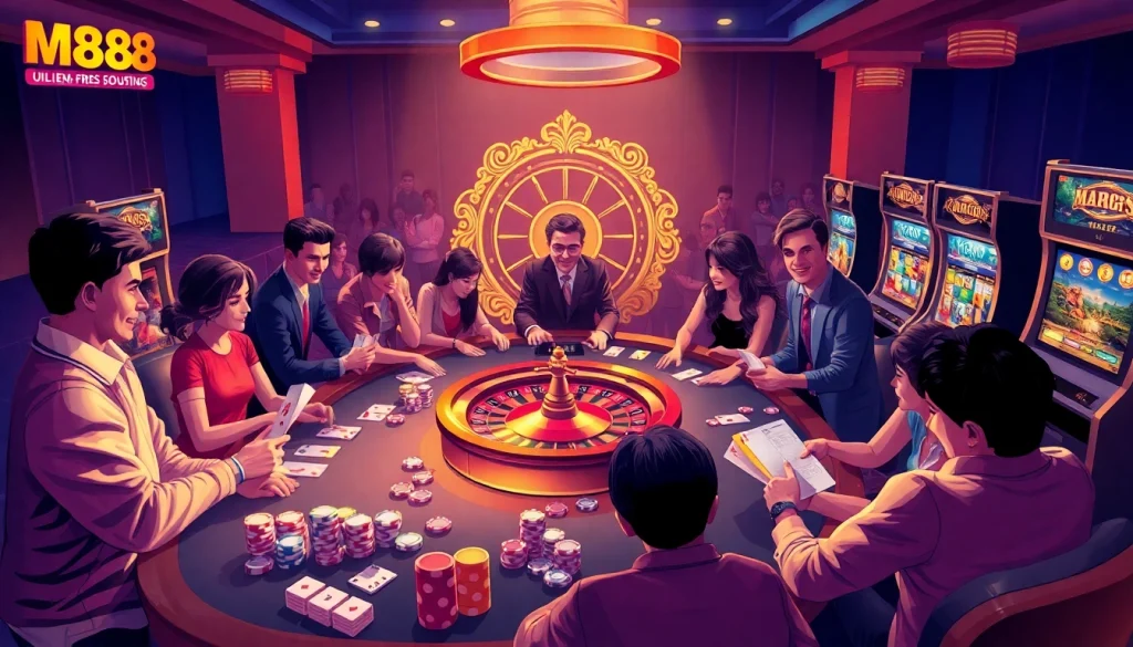 Experience thrilling gameplay at MM88, showcasing players at an online casino table with chips and cards.