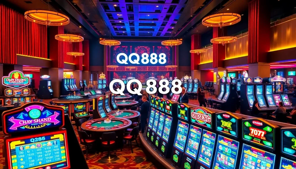 Experience the thrilling atmosphere of QQ888 Casino with vibrant gaming tables and exciting slot machines.