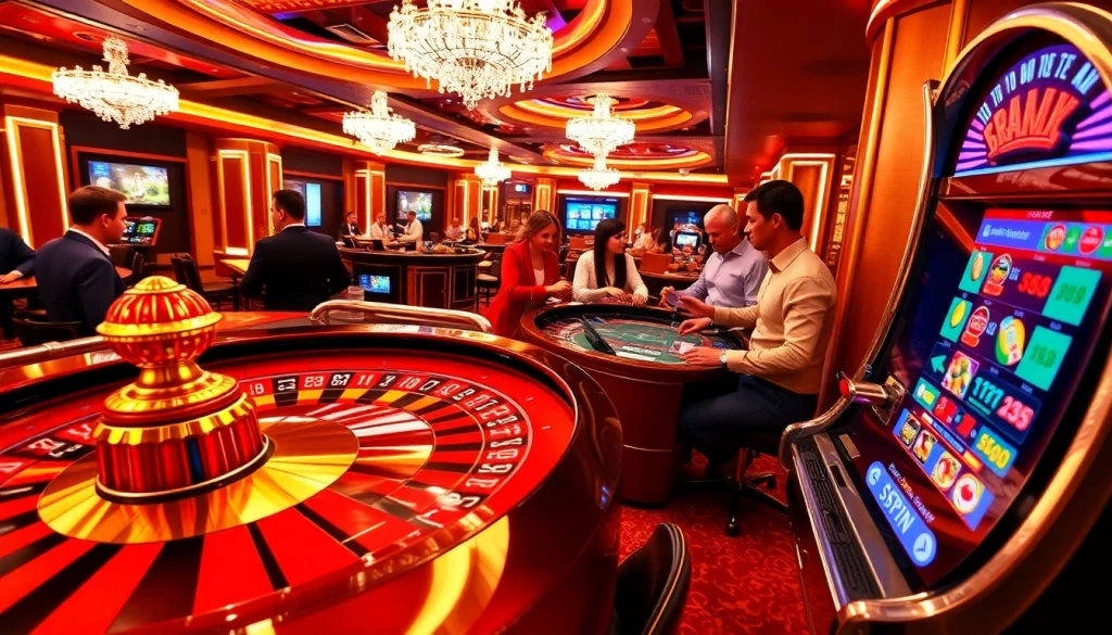 Exciting casino scene at https://www.hhbd.app/ featuring roulette, poker, and slot machines in vibrant colors.