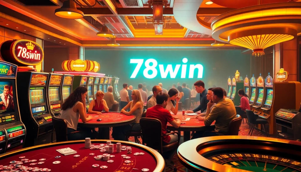 78win casino scene showing diverse players at a lively poker table amidst vibrant slot machines and a roulette wheel, evoking excitement.