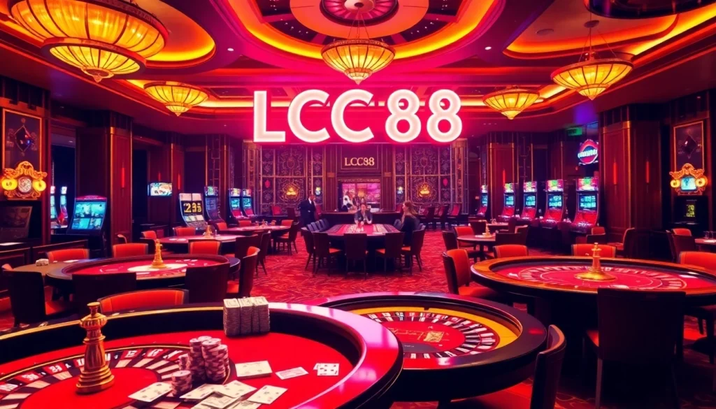 LC88 illuminates a vibrant casino atmosphere with luxurious tables and excited players engaging in thrilling games of chance.