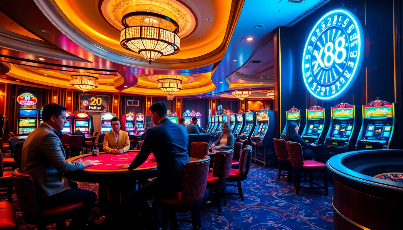 View of the upscale casino interior at https://xx88.xyz/, featuring players at a blackjack table and vibrant slot machines.