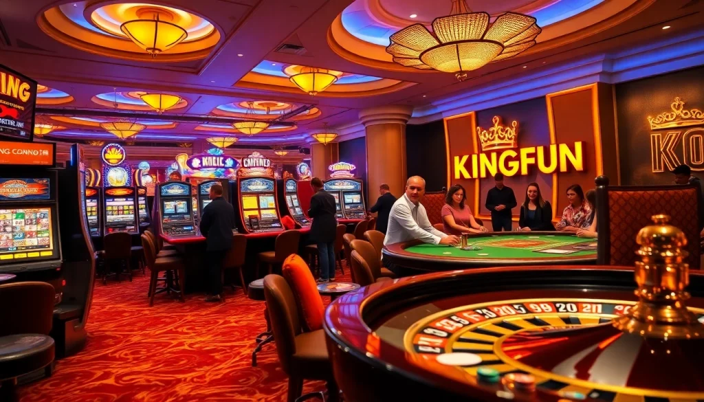Experience KINGFUN excitement at a lively casino with vibrant slot machines and intense poker action.