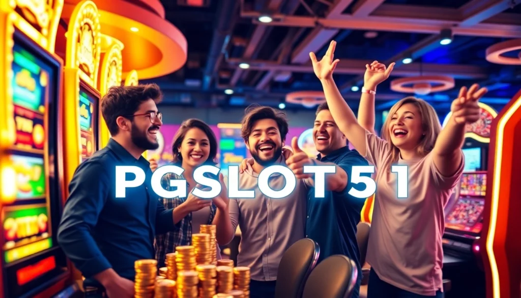 PGSLOT51 features an exciting group at a casino winning big, surrounded by slot machines and poker chips.