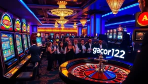 Experience the thrill of gacor123 at a vibrant casino table with lively players and colorful slot machines.